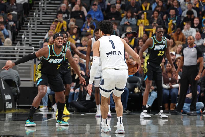 INDIANAPOLIS, IN - JANUARY 28: Scotty Pippen Jr. #1 of the Memphis Grizzlies looks on during the game against the Indiana Pacers on January 28, 2024 at Gainbridge Fieldhouse in Indianapolis, Indiana. NOTE TO USER: User expressly acknowledges and agrees that, by downloading and or using this Photograph, user is consenting to the terms and conditions of the Getty Images License Agreement. Mandatory Copyright Notice: Copyright 2024 NBAE (Photo by Jeff Haynes/NBAE via Getty Images)