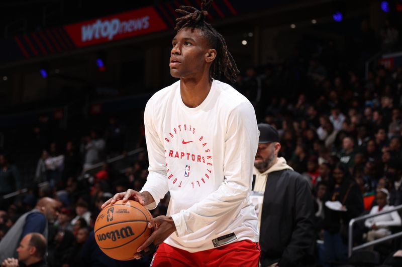 WASHINGTON, DC -? MARCH 24: Ja'Kobe Walter #14 of the Toronto Raptors warms up before the game against the Washington Wizards on March 24, 2025 at Capital One Arena in Washington, DC. NOTE TO USER: User expressly acknowledges and agrees that, by downloading and or using this Photograph, user is consenting to the terms and conditions of the Getty Images License Agreement. Mandatory Copyright Notice: Copyright 2025 NBAE (Photo by Stephen Gosling/NBAE via Getty Images)