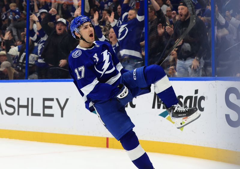 Jan 29, 2026; Tampa, Florida, USA; Tampa Bay Lightning center Dominic James (17) celebrates after he scored a goal against the Winnipeg Jets during the first period at Benchmark International Arena. Mandatory Credit: Kim Klement Neitzel-Imagn Images