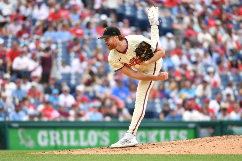 May 19, 2024; Philadelphia, Pennsylvania, USA; Philadelphia Phillies pitcher Spencer Turnbull (22) follows through on a pitch against the Washington Nationals during the ninth inning at Citizens Bank Park. Mandatory Credit: Eric Hartline-USA TODAY Sports