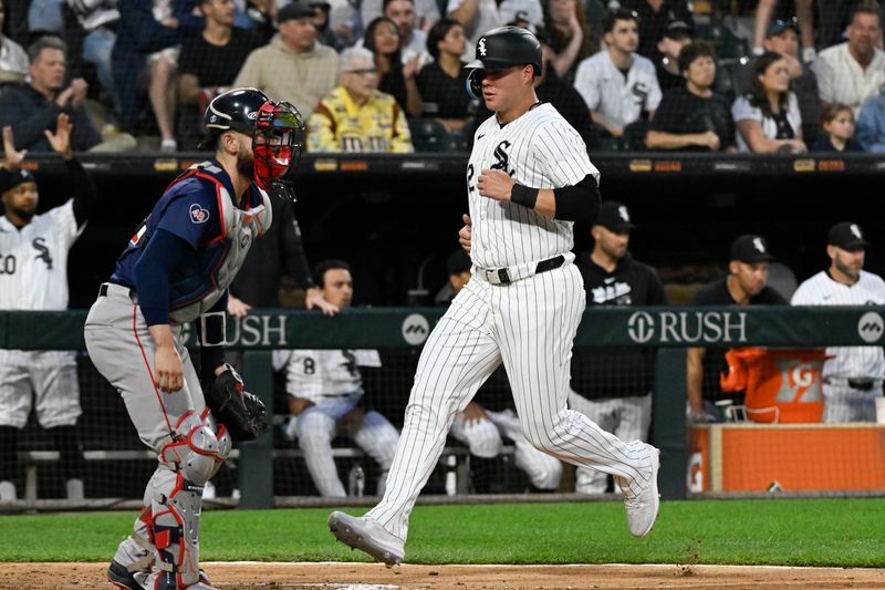 Jun 7, 2024; Chicago, Illinois, USA;  Chicago White Sox outfielder Gavin Sheets (32) scores against the Boston Red Sox during the fourth inning at Guaranteed Rate Field. Mandatory Credit: Matt Marton-USA TODAY Sports