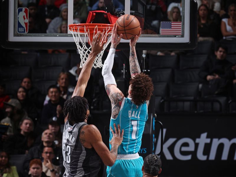 BROOKLYN, NY - FEBRUARY 10: LaMelo Ball #1 of the Charlotte Hornets dunks the ball during the game against the Brooklyn Nets on February 10, 2025 at Barclays Center in Brooklyn, New York. NOTE TO USER: User expressly acknowledges and agrees that, by downloading and or using this Photograph, user is consenting to the terms and conditions of the Getty Images License Agreement. Mandatory Copyright Notice: Copyright 2025 NBAE (Photo by Nathaniel S. Butler/NBAE via Getty Images)