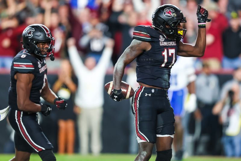 Nov 18, 2023; Columbia, South Carolina, USA; South Carolina Gamecocks wide receiver Xavier Legette (17) celebrates a touchdown reception against the Kentucky Wildcats in the second half at Williams-Brice Stadium. Mandatory Credit: Jeff Blake-USA TODAY Sports Kentucky