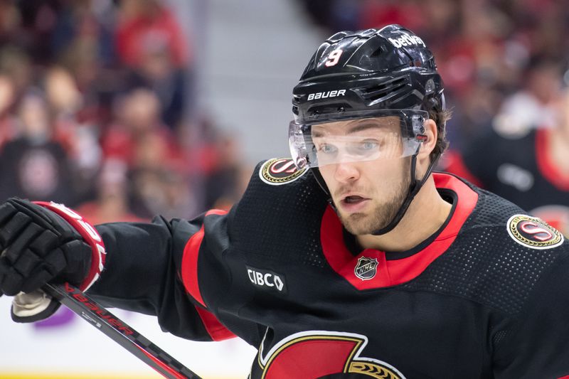 Feb 15, 2024; Ottawa, Ontario, CAN; Ottawa Senators center Josh Norris (9) follows the puck in the second period against the Anaheim Ducks at the Canadian Tire Centre. Mandatory Credit: Marc DesRosiers-USA TODAY Sports