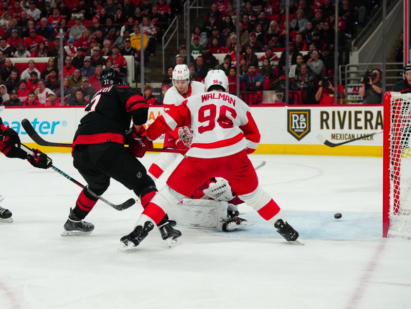 Jan 19, 2024; Raleigh, North Carolina, USA; Carolina Hurricanes right wing Andrei Svechnikov (37) scores a goal against the Detroit Red Wings during the third period at PNC Arena. Mandatory Credit: James Guillory-USA TODAY Sports