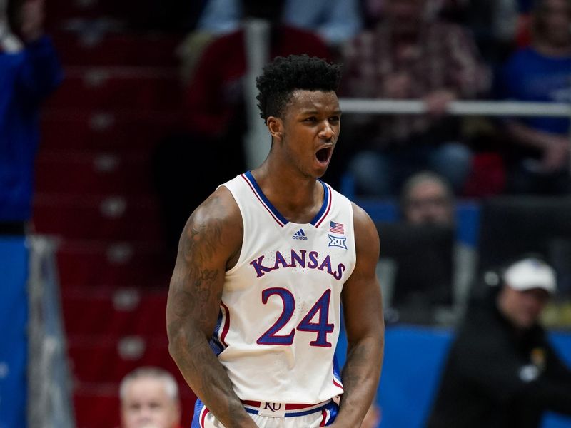 Jan 6, 2024; Lawrence, Kansas, USA; Kansas Jayhawks forward K.J. Adams Jr. (24) celebrates during the second half against the TCU Horned Frogs at Allen Fieldhouse. Mandatory Credit: Jay Biggerstaff-USA TODAY Sports