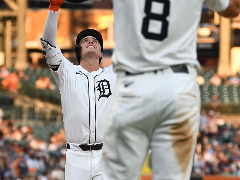 Aug 13, 2024; Detroit, Michigan, USA;  Detroit Tigers designated hitter Kerry Carpenter (30) celebrates after hitting his second home run of the game against the Seattle Mariners in the fourth inning at Comerica Park. Mandatory Credit: Lon Horwedel-USA TODAY Sports