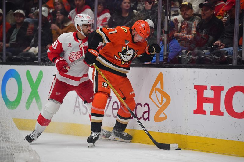 Nov 15, 2024; Anaheim, California, USA; Detroit Red Wings center Joe Veleno (90) plays for the puck against Anaheim Ducks center Isac Lundestrom (21) during the first period at Honda Center. Mandatory Credit: Gary A. Vasquez-Imagn Images