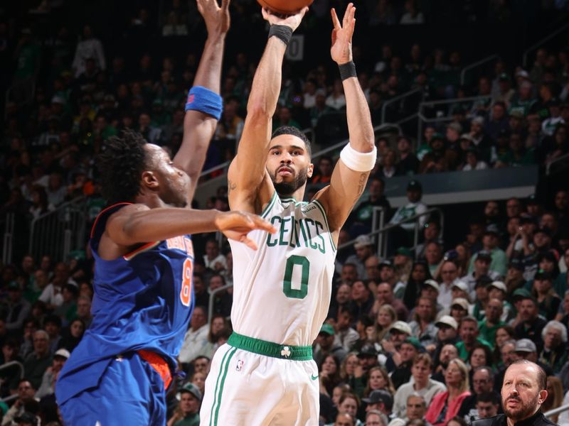 BOSTON, MA - MAY 5: Jayson Tatum #0 of the Boston Celtics shoots the ball during the game against the New York Knicks  during Game 1 of the 2025 NBA Eastern Conference Semifinals of the 2025 NBA Playoffs on May 5, 2025 at TD Garden in Boston, Massachusetts. NOTE TO USER: User expressly acknowledges and agrees that, by downloading and/or using this Photograph, user is consenting to the terms and conditions of the Getty Images License Agreement. Mandatory Copyright Notice: Copyright 2025 NBAE (Photo by Nathaniel S. ButlerNBAE via Getty Images)