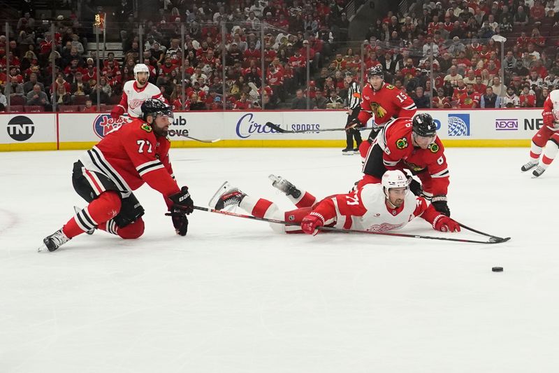 Nov 6, 2024; Chicago, Illinois, USA; Detroit Red Wings center Dylan Larkin (71) and Chicago Blackhawks center Ryan Donato (8) go for the puck during the third period at United Center. Mandatory Credit: David Banks-Imagn Images