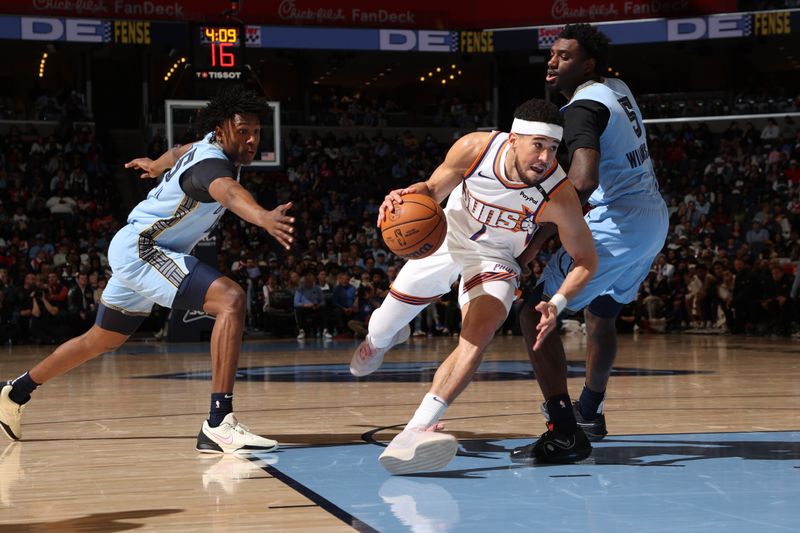 MEMPHIS, TN - FEBRUARY 25: Devin Booker #1 of the Phoenix Suns handles the ball during the game against the Memphis Grizzlies on February 25, 2025 at FedExForum in Memphis, Tennessee. NOTE TO USER: User expressly acknowledges and agrees that, by downloading and or using this photograph, User is consenting to the terms and conditions of the Getty Images License Agreement. Mandatory Copyright Notice: Copyright 2025 NBAE (Photo by Joe Murphy/NBAE via Getty Images)