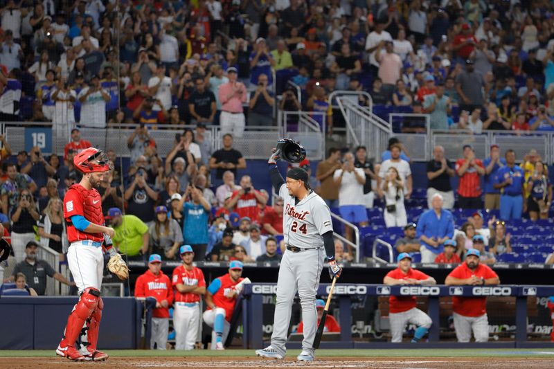 Jul 29, 2023; Miami, Florida, USA; Detroit Tigers designated hitter Miguel Cabrera (24) reacts during a standing ovation prior to his at bat against the Miami Marlins during the second inning at loanDepot Park. Mandatory Credit: Sam Navarro-USA TODAY Sports