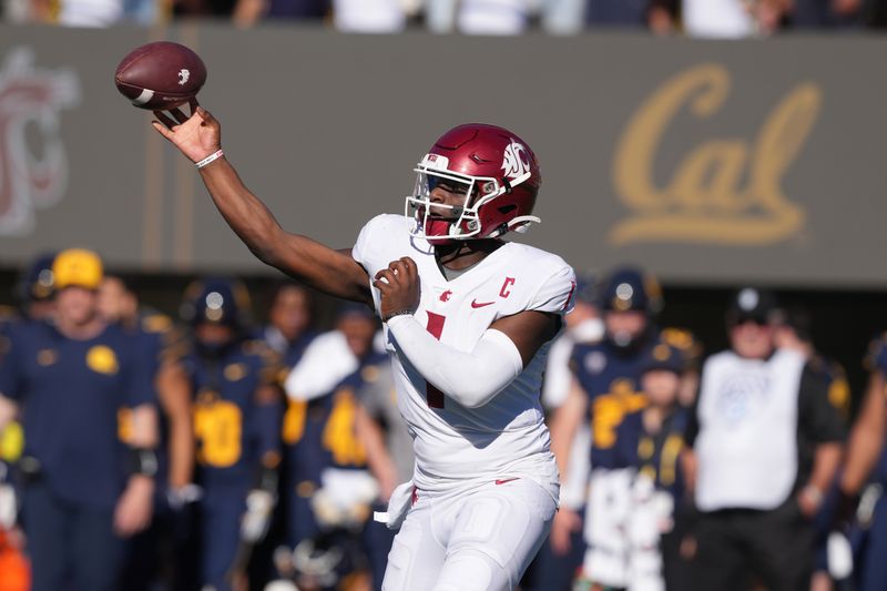 Nov 11, 2023; Berkeley, California, USA; Washington State Cougars quarterback Cameron Ward (1) throws a pass against the California Golden Bears during the second quarter at California Memorial Stadium. Mandatory Credit: Darren Yamashita-USA TODAY Sports 