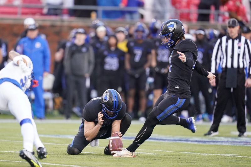 Nov 26, 2022; Dallas, Texas, USA;  Southern Methodist Mustangs place kicker Collin Rogers (41) kicks a field goal against the Memphis Tigers during the second half at Gerald J. Ford Stadium. Mandatory Credit: Chris Jones-USA TODAY Sports