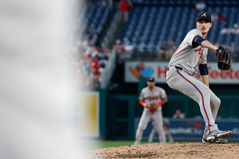 Sep 11, 2024; Washington, District of Columbia, USA; Atlanta Braves pitcher Max Fried (54) pitches against the Washington Nationals during the third inning at Nationals Park. Mandatory Credit: Geoff Burke-Imagn Images