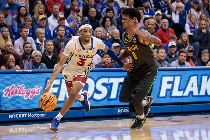 Feb 18, 2023; Lawrence, Kansas, USA; Kansas Jayhawks guard Dajuan Harris Jr. (3) drives around Baylor Bears forward Jalen Bridges (11) during the second half at Allen Fieldhouse. Mandatory Credit: William Purnell-USA TODAY Sports