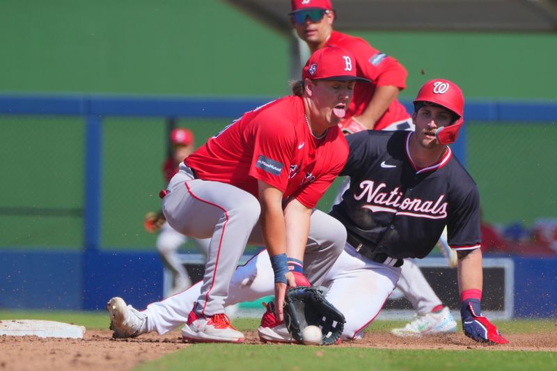 Feb 28, 2024; West Palm Beach, Florida, USA;  Washington Nationals outfielder Dylan Crews (3) steals second base as Boston Red Sox shortstop Chase Meidroth (90) covers on the play in the at The Ballpark of the Palm Beaches. Mandatory Credit: Jim Rassol-USA TODAY Sports