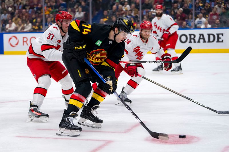 Oct 28, 2024; Vancouver, British Columbia, CAN; Carolina Hurricanes forward Andrei Svechnikov (37) stick checks Vancouver Canucks forward Jake DeBrusk (74) during the first period at Rogers Arena. Mandatory Credit: Bob Frid-Imagn Images