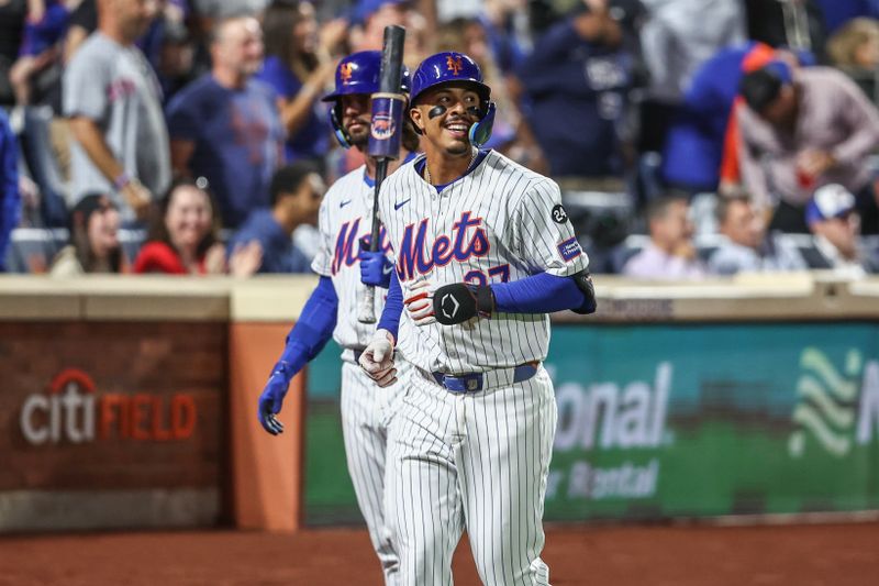 Sep 3, 2024; New York City, New York, USA;  New York Mets third baseman Mark Vientos (27) reacts after hitting a solo home run in the seventh inning against the Boston Red Sox at Citi Field. Mandatory Credit: Wendell Cruz-Imagn Images