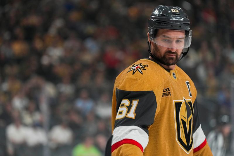 Oct 9, 2024; Las Vegas, Nevada, USA; Vegas Golden Knights right wing Mark Stone (61) skates prior to a game against the Colorado Avalanche at T-Mobile Arena. Mandatory Credit: Lucas Peltier-Imagn Images