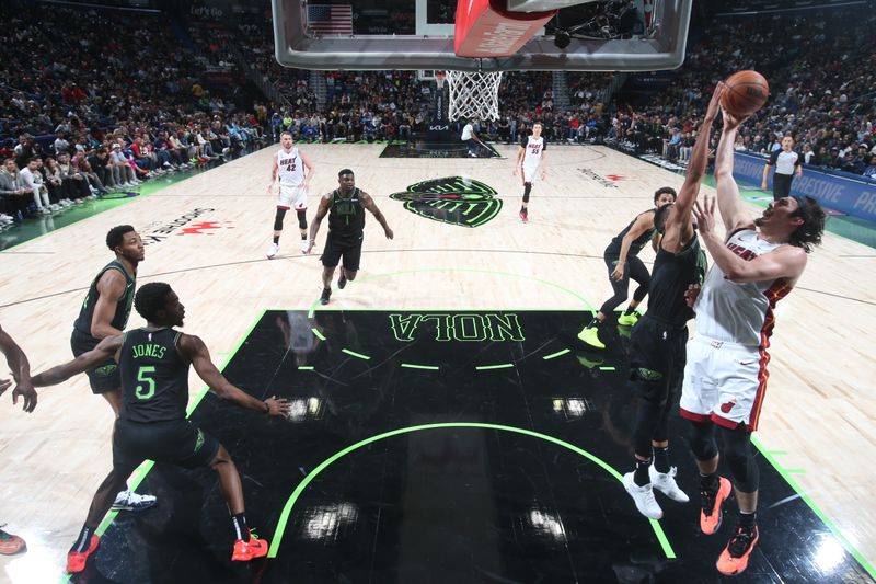 NEW ORLEANS, LA - FEBRUARY 23: Jaime Jaquez Jr. #11 of the Miami Heat shoots the ball during the game against the New Orleans Pelicans on February 23, 2024 at the Smoothie King Center in New Orleans, Louisiana. NOTE TO USER: User expressly acknowledges and agrees that, by downloading and or using this Photograph, user is consenting to the terms and conditions of the Getty Images License Agreement. Mandatory Copyright Notice: Copyright 2024 NBAE (Photo by Layne Murdoch Jr./NBAE via Getty Images)