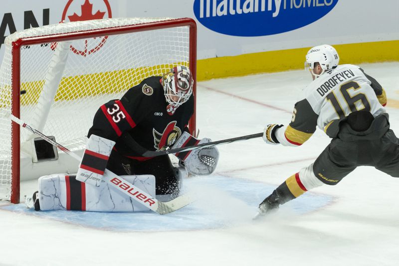Nov 21, 2024; Ottawa, Ontario, CAN; Ottawa Senators goalie Linus Ullmark (35) is unable to stop a shot from Vegas Golden Knights left wing Pavel Dorofeyev (16) in the third period at the Canadian Tire Centre. Mandatory Credit: Marc DesRosiers-Imagn Images