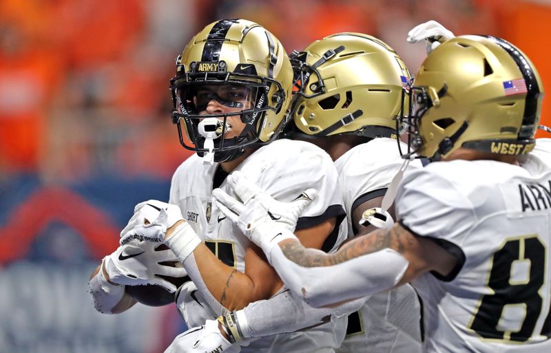 Sep 15, 2023; San Antonio, Texas, USA; Army Black Knights wide receiver Noah Short (15) celebrates his touchdown against the UTSA Roadrunners during the second half at the Alamodome. Mandatory Credit: Danny Wild-USA TODAY Sports