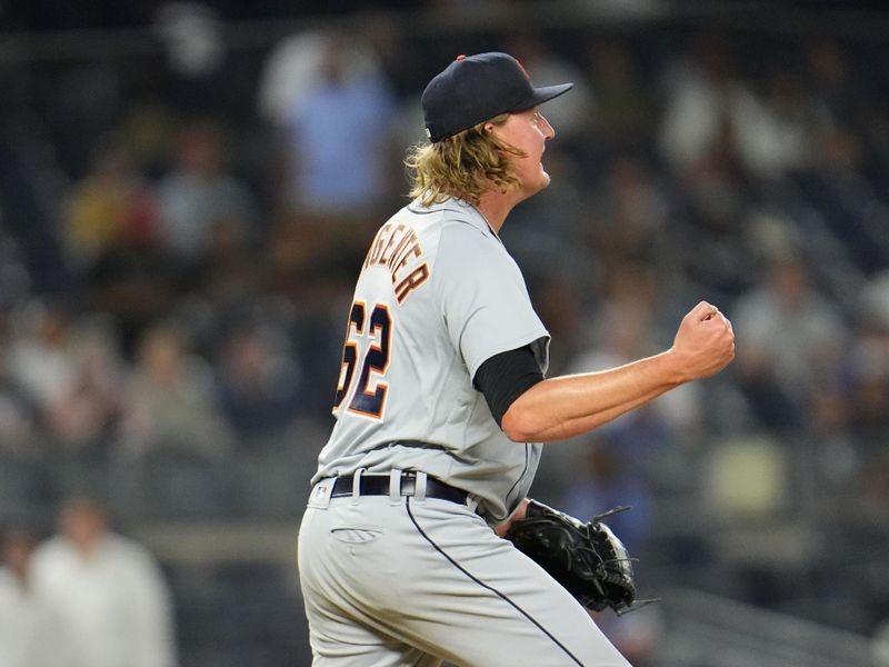 Sep 7, 2023; Bronx, New York, USA; Detroit Tigers pitcher Trey Wingenter reacts to getting the last out against the New York Yankees during the ninth inning at Yankee Stadium. Mandatory Credit: Gregory Fisher-USA TODAY Sports