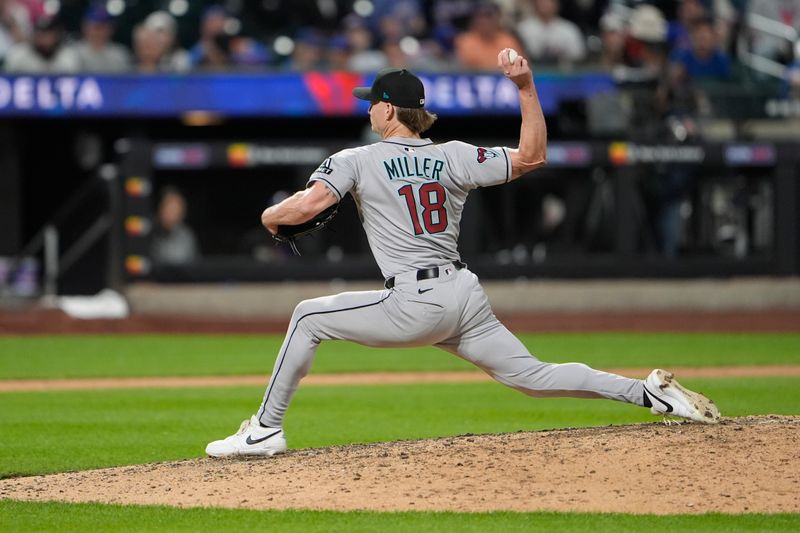 Apr 30, 2025; New York City, New York, USA; Arizona Diamondbacks pitcher Shelby Miller (18) delivers a pitch against the New York Mets during the eighth inning at Citi Field. Mandatory Credit: Gregory Fisher-Imagn Images