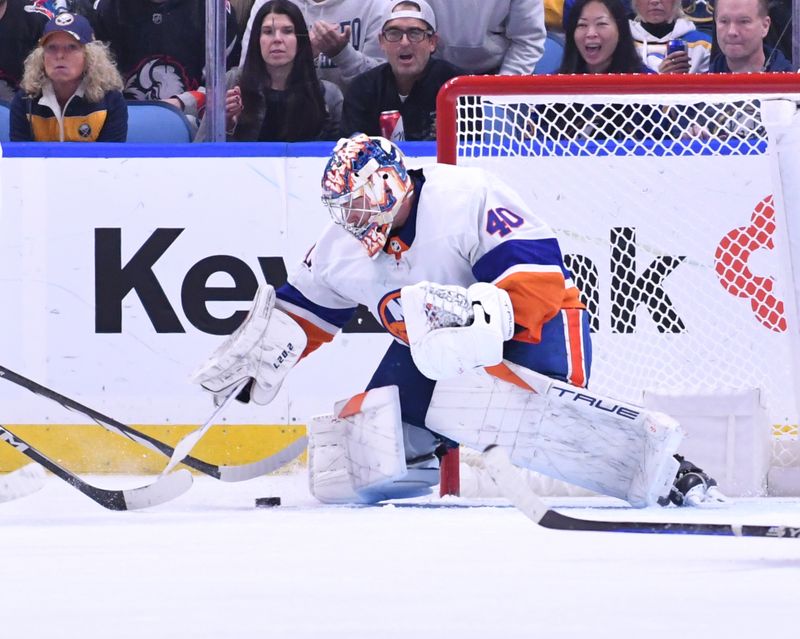 Oct 21, 2023; Buffalo, New York, USA; New York Islanders goaltender Semyon Varlamov (40) blocks a shot against the Buffalo Sabres in the third period at KeyBank Center. Mandatory Credit: Mark Konezny-USA TODAY Sports