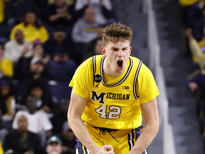 Feb 18, 2023; Ann Arbor, Michigan, USA;  Michigan Wolverines forward Will Tschetter (42) celebrates during the second half against the Michigan State Spartans at Crisler Center. Mandatory Credit: Rick Osentoski-USA TODAY Sports