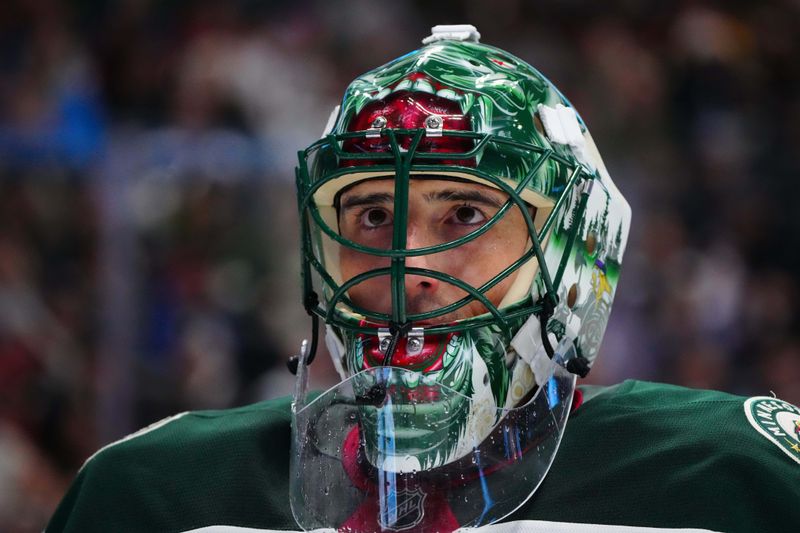 Jan 20, 2025; Denver, Colorado, USA; Minnesota Wild goaltender Marc-Andre Fleury (29) during the second period against the Colorado Avalanche at Ball Arena. Mandatory Credit: Ron Chenoy-Imagn Images