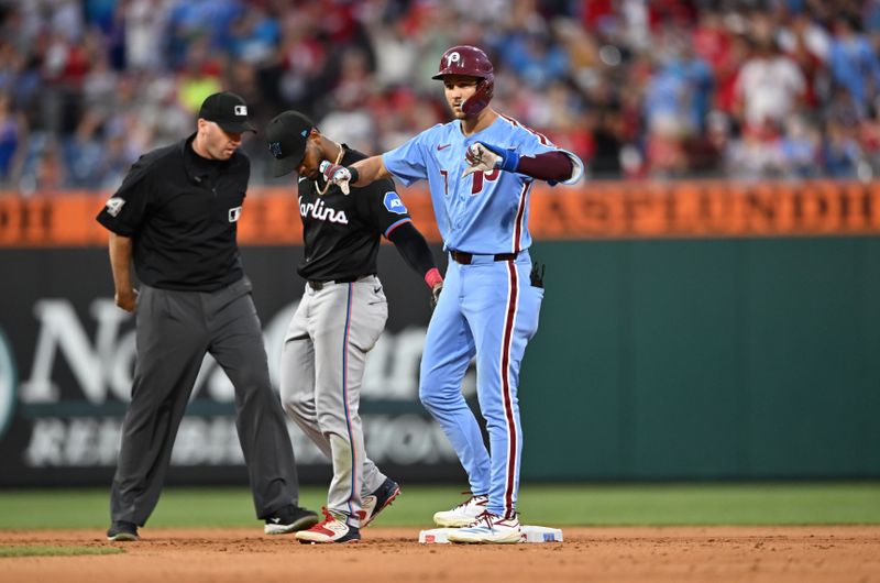 Jun 27, 2024; Philadelphia, Pennsylvania, USA; Philadelphia Phillies shortstop Trea Turner (7) reacts after hitting a double against the Miami Marlins in the seventh inning at Citizens Bank Park. Mandatory Credit: Kyle Ross-USA TODAY Sports