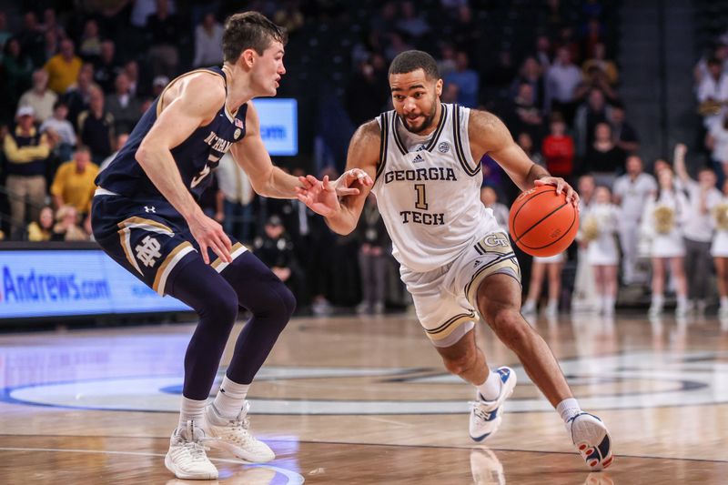 Feb 8, 2023; Atlanta, Georgia, USA; Georgia Tech Yellow Jackets guard Kyle Sturdivant (1) drives on Notre Dame Fighting Irish guard Cormac Ryan (5) in the second half at McCamish Pavilion. Mandatory Credit: Brett Davis-USA TODAY Sports