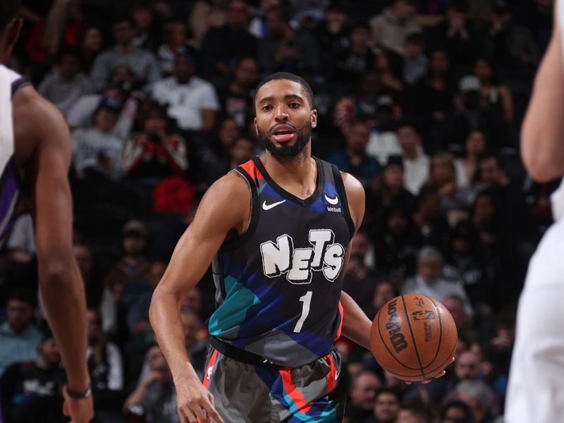 BROOKLYN, NY - APRIL 7: Mikal Bridges #1 of the Brooklyn Nets handles the ball during the game against the Sacramento Kings on April 7, 2024 at Barclays Center in Brooklyn, New York. NOTE TO USER: User expressly acknowledges and agrees that, by downloading and or using this Photograph, user is consenting to the terms and conditions of the Getty Images License Agreement. Mandatory Copyright Notice: Copyright 2024 NBAE (Photo by Nathaniel S. Butler/NBAE via Getty Images)