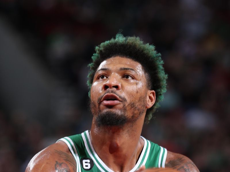 PORTLAND, OR - MARCH 17: Marcus Smart #36 of the Boston Celtics prepares to shoot a free throw against the Portland Trail Blazers on March 17, 2023 at the Moda Center Arena in Portland, Oregon. NOTE TO USER: User expressly acknowledges and agrees that, by downloading and or using this photograph, user is consenting to the terms and conditions of the Getty Images License Agreement. Mandatory Copyright Notice: Copyright 2023 NBAE (Photo by Sam Forencich/NBAE via Getty Images)