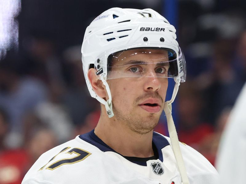 Apr 30, 2025; Tampa, Florida, USA; Florida Panthers center Evan Rodrigues (17) works out during warmups against the Tampa Bay Lightning prior to to game five of the first round of the 2025 Stanley Cup Playoffs at Amalie Arena. Mandatory Credit: Kim Klement Neitzel-Imagn Images