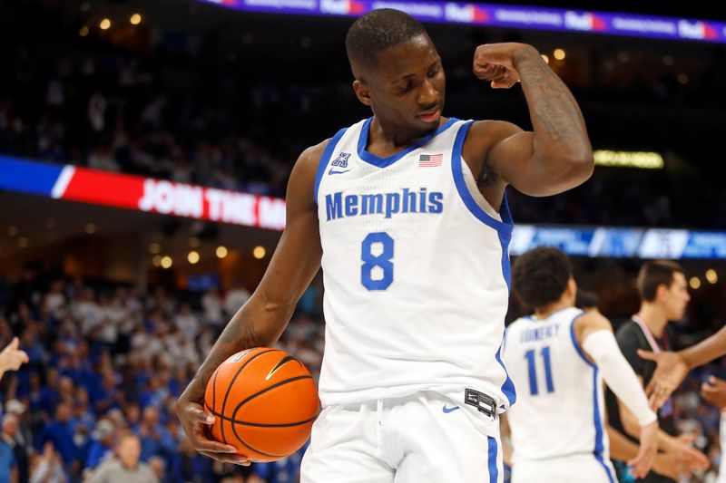 Feb 25, 2024; Memphis, Tennessee, USA; Memphis Tigers forward David Jones (8) reacts after a rebound during the second half against the Florida Atlantic Owls at FedExForum. Mandatory Credit: Petre Thomas-USA TODAY Sports