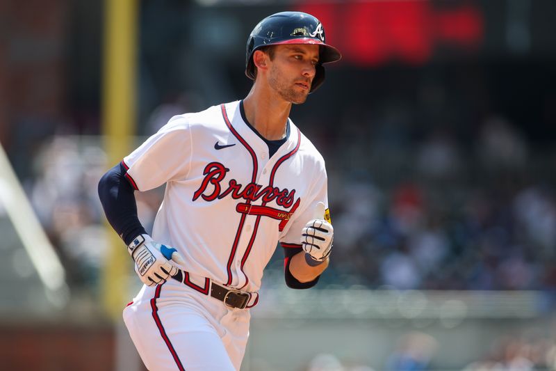 Jul 7, 2024; Atlanta, Georgia, USA; Atlanta Braves left fielder Eli White (36) rounds third after a home run against the Philadelphia Phillies in the sixth inning at Truist Park. Mandatory Credit: Brett Davis-USA TODAY Sports
