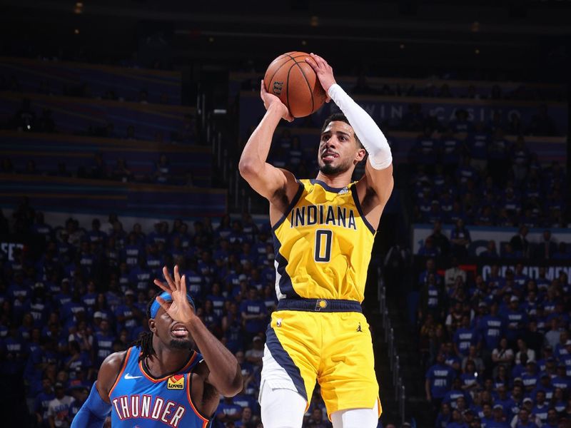 OKLAHOMA CITY, OK - JUNE 8: Tyrese Haliburton #0 of the Indiana Pacers shoots the ball during the game against the Oklahoma City Thunder during Game Two of the 2025 NBA Finals on June 8, 2025 at Paycom Center in Oklahoma City, Oklahoma. NOTE TO USER: User expressly acknowledges and agrees that, by downloading and or using this photograph, User is consenting to the terms and conditions of the Getty Images License Agreement. Mandatory Copyright Notice: Copyright 2025 NBAE(Photo by Nathaniel S. Butler/NBAE via Getty Images)