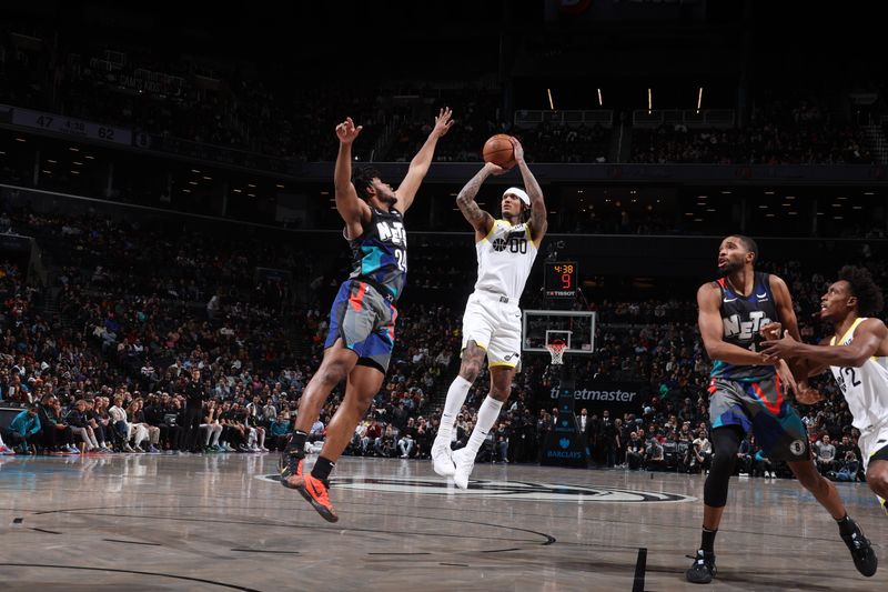 BROOKLYN, NY - JANUARY 29: Jordan Clarkson #00 of the Utah Jazz shoots the ball during the game against the Brooklyn Nets on January 29, 2024 at Barclays Center in Brooklyn, New York. NOTE TO USER: User expressly acknowledges and agrees that, by downloading and or using this Photograph, user is consenting to the terms and conditions of the Getty Images License Agreement. Mandatory Copyright Notice: Copyright 2024 NBAE (Photo by Nathaniel S. Butler/NBAE via Getty Images)