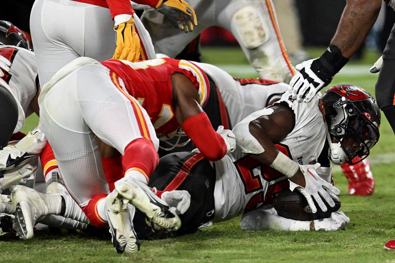 Tampa Bay Buccaneers running back Rachaad White (29) dives to the end zone for a touchdown during the second half of an NFL football game against the Kansas City Chiefs Sunday, Oct. 2, 2022, in Tampa, Fla. (AP Photo/Jason Behnken)