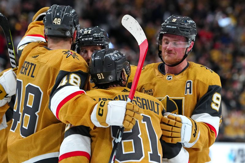 Apr 18, 2024; Las Vegas, Nevada, USA; Vegas Golden Knights center Jack Eichel (9) celebrates with team mates after scoring a goal against the Anaheim Ducks during the second period at T-Mobile Arena. Mandatory Credit: Stephen R. Sylvanie-USA TODAY Sports