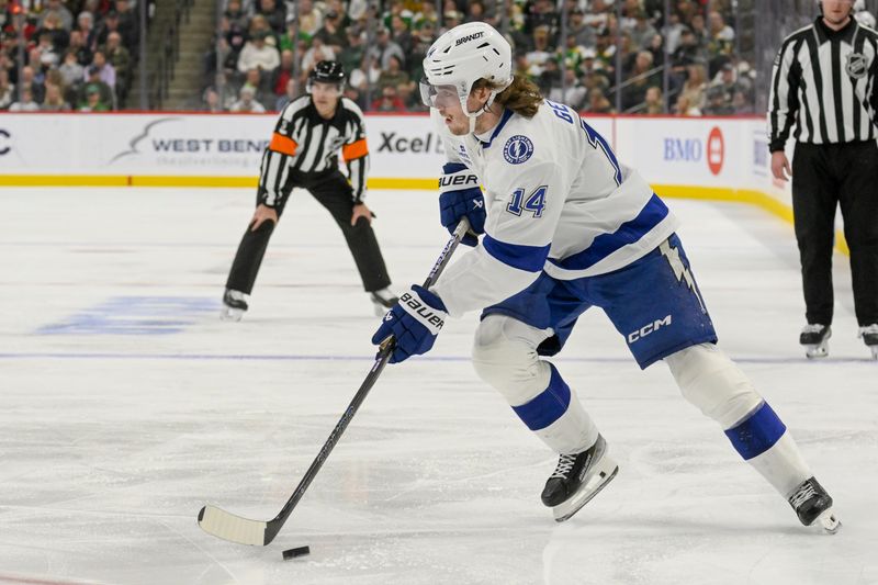 Nov 1, 2024; Saint Paul, Minnesota, USA;  Tampa Bay Lightning forward Conor Geekie (14) controls the puck against the Minnesota Wild during the third period at Xcel Energy Center. Mandatory Credit: Nick Wosika-Imagn Images