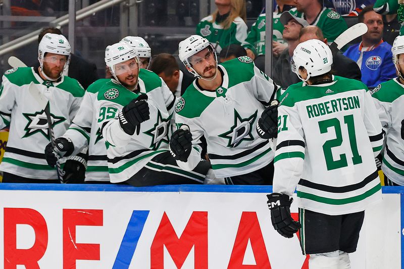May 27, 2024; Edmonton, Alberta, CAN;  The Dallas Stars celebrate a goal by forward Jason Robertson (21) during the second period against the Edmonton Oilers in game three of the Western Conference Final of the 2024 Stanley Cup Playoffs at Rogers Place. Mandatory Credit: Perry Nelson-USA TODAY Sports