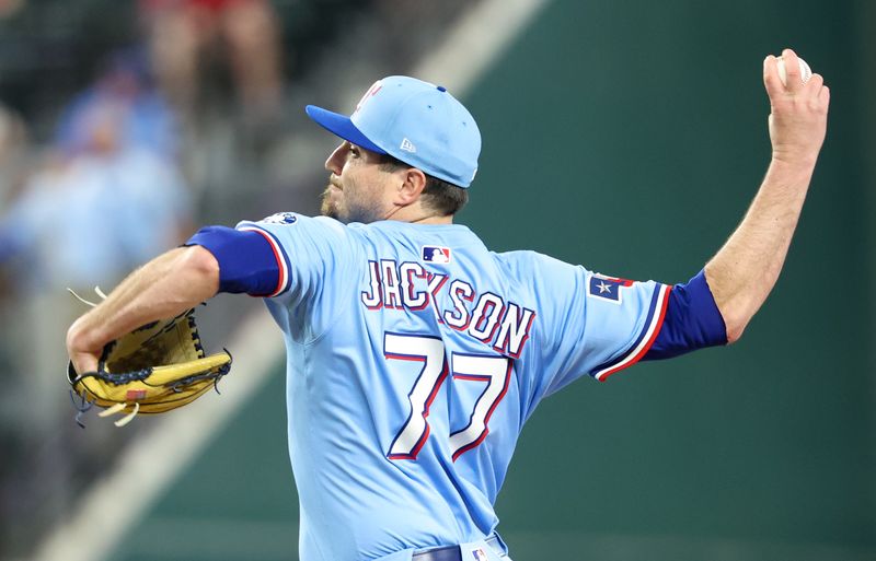 Jun 1, 2025; Arlington, Texas, USA; Texas Rangers relief pitcher Luke Jackson (77) throws during the ninth inning against the St. Louis Cardinals at Globe Life Field. Mandatory Credit: Kevin Jairaj-Imagn Images