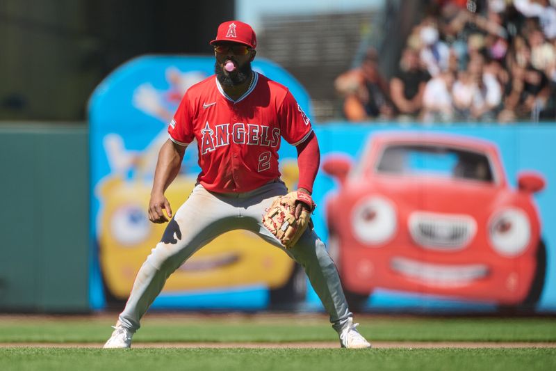 Jun 15, 2024; San Francisco, California, USA; Los Angeles Angels infielder Luis Rengifo (2) blows a bubble with chewing gum while fielding his position against the San Francisco Giants during the ninth inning at Oracle Park. Mandatory Credit: Robert Edwards-USA TODAY Sports