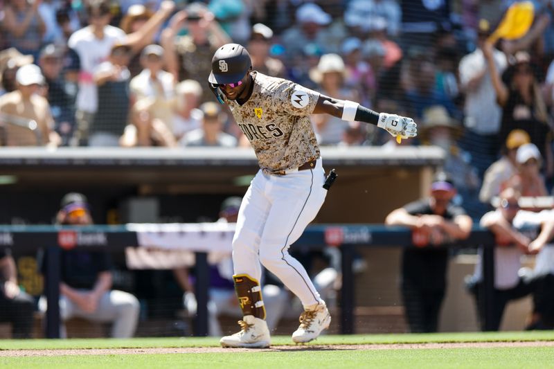 Aug 4, 2024; San Diego, California, USA; San Diego Padres left fielder Jurickson Profar (10) celebrates after hitting a one run home run during the fifth inning against the Colorado Rockies at Petco Park. Mandatory Credit: David Frerker-USA TODAY Sports