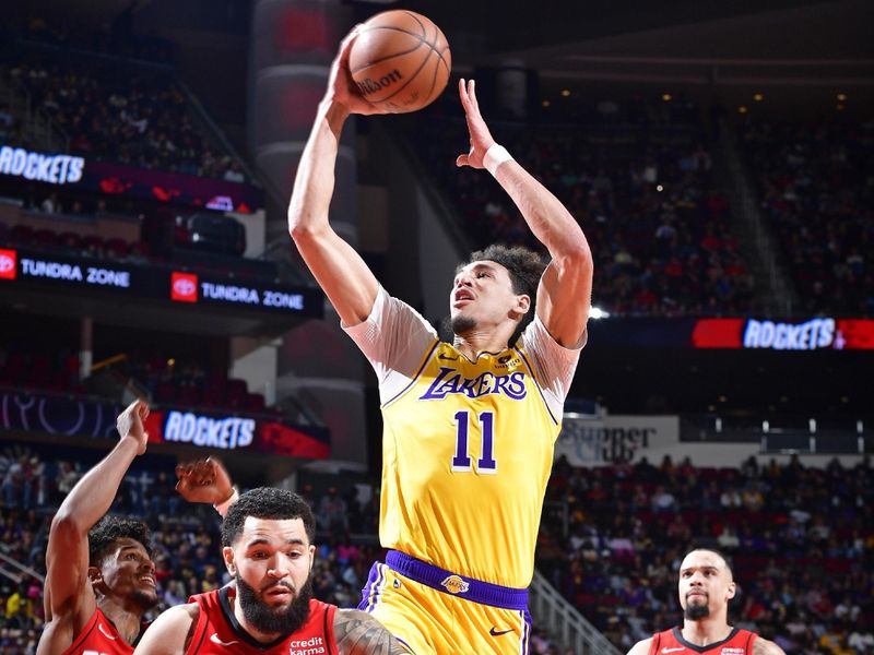 HOUSTON, TX - JANUARY 29:  Jaxson Hayes #11 Of the Los Angeles Lakers shoots the ball during the game against the Houston Rockets on January 29, 2024 at the Toyota Center in Houston, Texas. NOTE TO USER: User expressly acknowledges and agrees that, by downloading and or using this photograph, User is consenting to the terms and conditions of the Getty Images License Agreement. Mandatory Copyright Notice: Copyright 2024 NBAE (Photo by Logan Riely/NBAE via Getty Images)