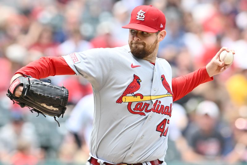 May 28, 2023; Cleveland, Ohio, USA; St. Louis Cardinals starting pitcher Jordan Montgomery (47) throws a pitch  during the first inning against the Cleveland Guardians at Progressive Field. Mandatory Credit: Ken Blaze-USA TODAY Sports